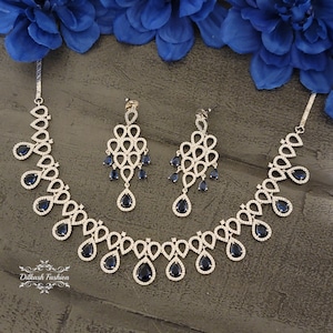 Pakistanais Indien Punjabi Américain Diamant AD Argent Bleu Marine Collier Boucles D&#39;oreilles Ensemble Dilkash Bijoux De Mode Bollywood Kundan Chandbali Polki