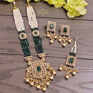 Pakistani Indian Punjabi Polki Gold Green Maala Necklace Earrings Tikka Set Dilkash Fashion Jewelry