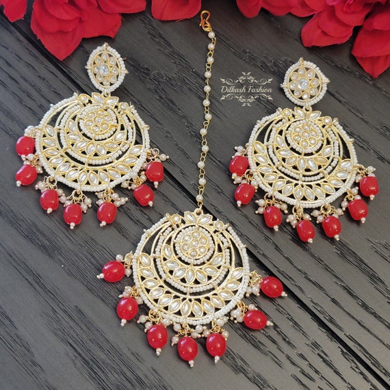 Pakistani Indian Punjabi Gold Red Earrings Tikka Set Dilkash