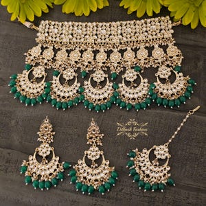 Pakistani Indian Punjabi Kundan Emerald Green Choker Necklace Earrings Tikka Set Dilkash Fashion Jewelry Bollywood FREE SHIP Sabyasachi