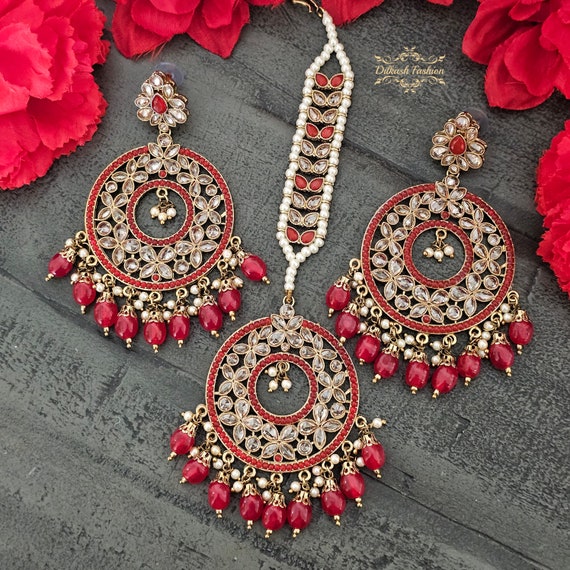 Necklace Tikka Earring Rubans 24K Gold Plated Kundan Pearls