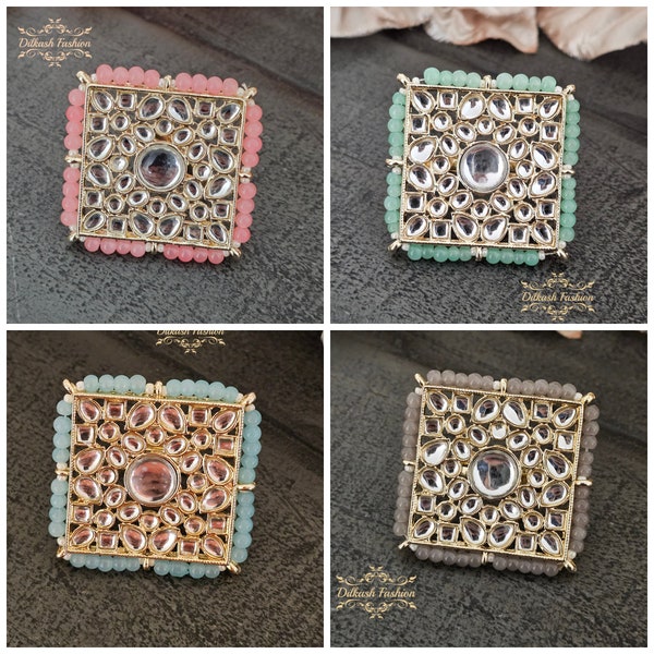 Pakistani Indian Punjabi Gold Beaded Pink Mint Green Blue Gray Kundan Adjustable Ring Dilkash Fashion Jewelry Bollywood Sabyasachi Tyaani