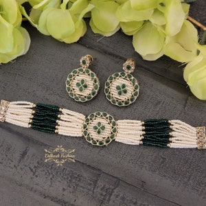 Pakistani Indian Punjabi Polki Gold Green Pearl Choker Necklace Earrings Tikka Set Dilkash Fashion Jewelry Bollywood Chandbali Kundan AD