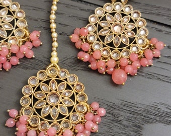Pakistani Indian Punjabi Gold Coral Pink Polki Earrings Tikka Set