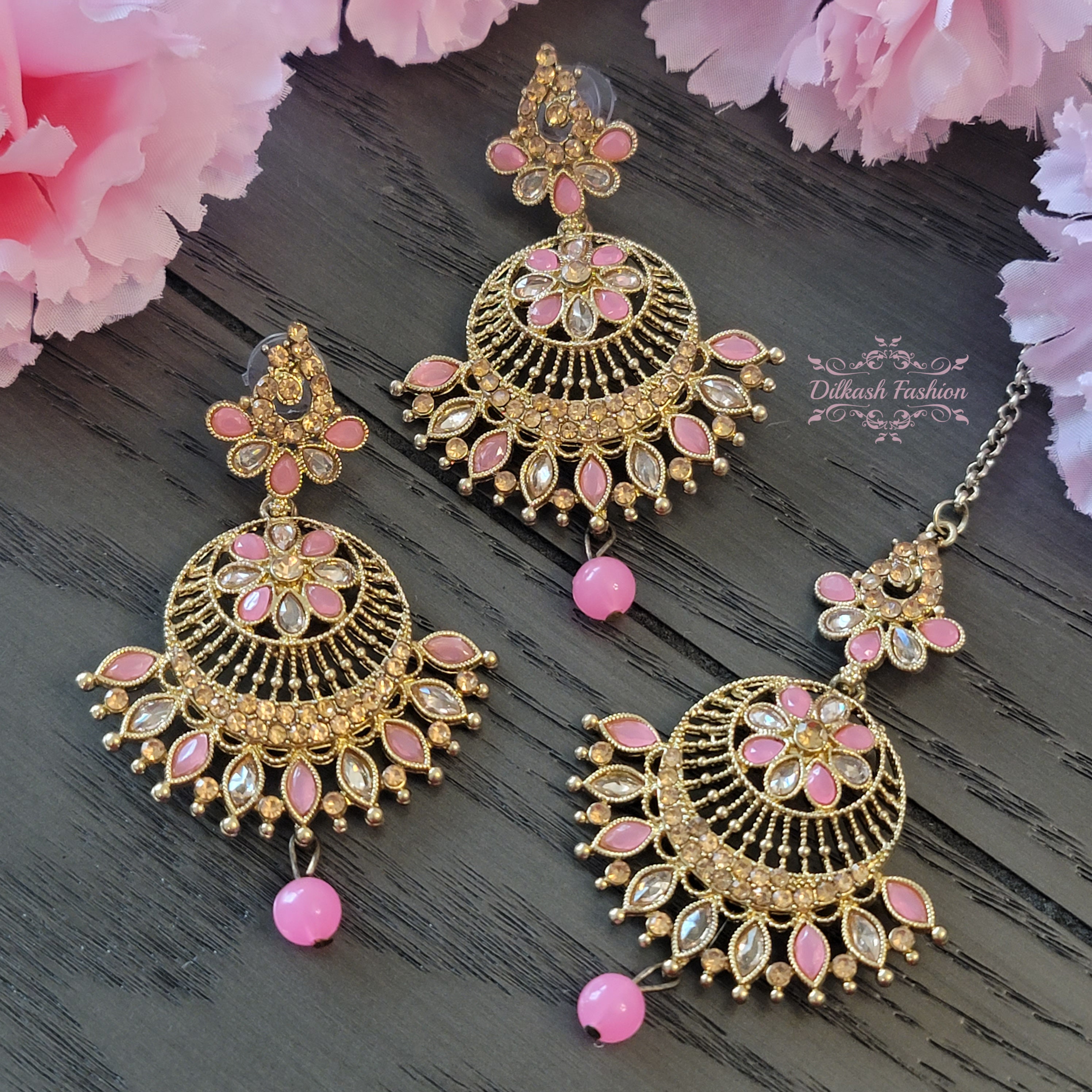 Pakistani Indian Punjabi Gold Baby Pink Polki Earrings Tikka Set Dilkash Fashion Jewelry FREE SHIP Bollywood Chandbali Kundan Jhumki Jhumka