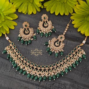 Pakistani Indian Punjabi Polki Gold Green Necklace Choker Earrings Tikka Set Dilkash Fashion Jewelry Bollywood Sabyasachi Bridal Kundan