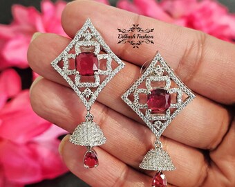 Pakistani Indian Punjabi Silver Ruby Pink American Diamond AD Earrings Dilkash Fashion Jewelry Bollywood