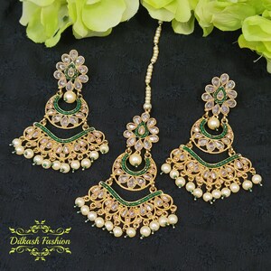 Pakistani Indian Punjabi Gold Green Pearls Polki Earrings Tikka Set Dilkash Fashion Jewelry Bollywood FREE SHIP