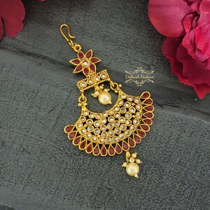 Pakistani Indian Punjabi Beautiful Maroon Red Gold Polki Jhumar Passa Headpiece Dilkash Fashion Jewelry Bollywood Tikka Teeka Paasa Chain