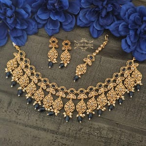Pakistani Indian Punjabi Polki Gold Navy Blue Necklace Choker Earrings Tikka Set Dilkash Fashion Jewelry Bollywood Sabyasachi Bridal Kundan