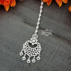 Pakistani Indian Punjabi Silver Cubic Zirconia American Diamond Tikka MaangTikka Headpiece Dilkash Fashion Jewelry Bollywood