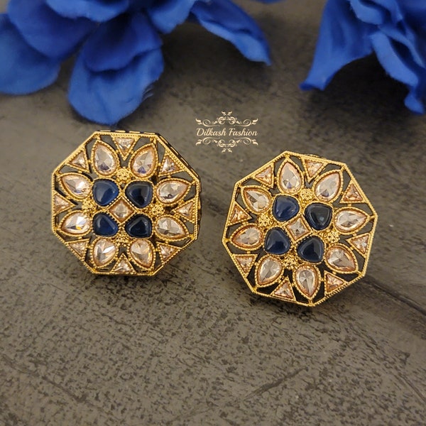 Pakistani Indian Punjabi Gold Navy Blue Polki Mona Lisa Studs Earrings Dilkash Fashion Jewelry Chandbali Jhumki Jhumka Kundan Meena Earring