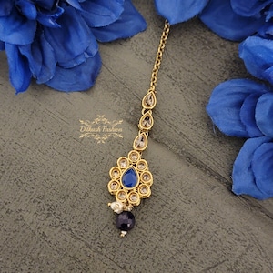 Pakistani Indian Punjabi Royal Navy Blue Gold Polki Tikka MaangTikka Headpiece Dilkash Fashion Jewelry Bollywood Hair Piece Teeka Jhumar