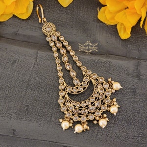 Pakistani Indian Punjabi Beautiful Handcrafted Gold Polki Jhumar Passa Headpiece Dilkash Fashion Jewelry Bollywood Tikka Teeka Paasa Chain