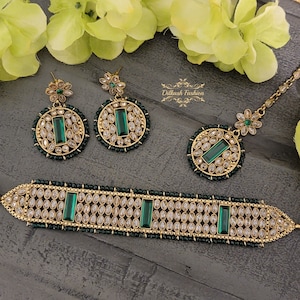 Pakistani Indian Punjabi Polki Mona Lisa Gold Green Pearl Necklace Choker Earrings Tikka Set Dilkash Fashion Jewelry Bollywood FREE SHIP