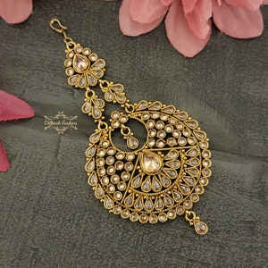 Pakistani Indian Punjabi Beautiful Handcrafted Gold Polki Jhumar Passa Headpiece Dilkash Fashion Jewelry Bollywood Tikka Teeka Paasa Chain