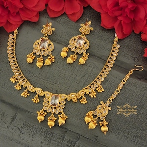 Pakistani Indian Punjabi Polki Gold Necklace Earrings Tikka Set Dilkash Fashion Jewelry Bollywood FREE SHIP