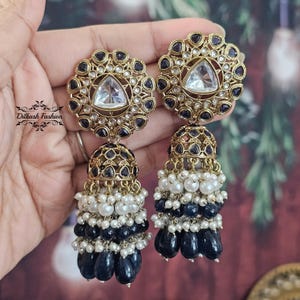 Pakistani Indian Punjabi Gold Kundan Navy Blue Jhumki Jhumka Earrings Dilkash Fashion Jewelry Bollywood Sabyasachi Polki Chandbali Sabya