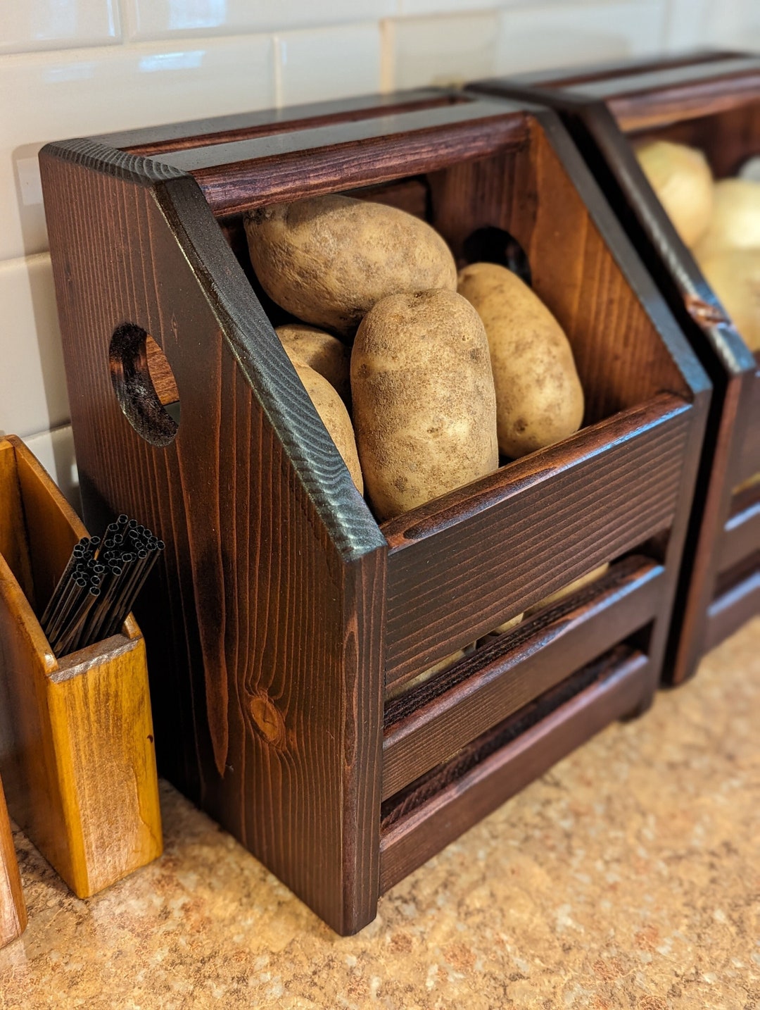thumbnail interactive-video image 1 of FoodSaver Wooden Potato And Onion Storage Bin – Black Letters, Bottom Airflow Design – Made In USA 1 of 6