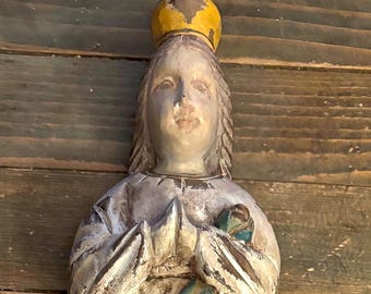 Vintage Hand Carved Wood Santos Flatback Statue Wall Hanging Religious Catholic Saint Statue Wall Hanging Rustic Saint Barbara?