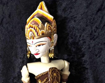 Vintage 1960's Indonesian Wayang Golek Puppet Traditional Hand Carved Wooden Rod Puppet with Dragon Headdress and Ornate Costume