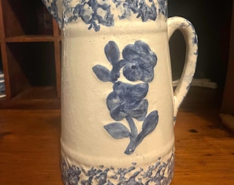 Vintage Antique 1800s Blue and White Spongeware Pitcher Wild Rose Stoneware Country Rustic Farmhouse Pottery Crock Style Excellent Condition