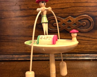 Vintage Chinese Wood Boat Balancing Man Hand Carved Hand Painted Kinetic Toy  Figurine Statue  EXCELLENT