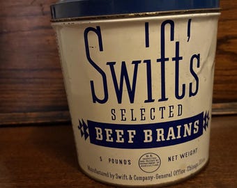 Vintage 50s Swifts Beef Brains Collectable Tin with Lid Labeled 5 lbs Selected Beef Brains Country Farmhouse Kitchen Canister Container