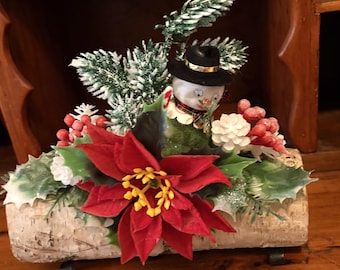 Vintage 50s Christmas Birch Log w/ Kitschy Snowman and Plastic Poinsettia Greenery Decorations Fun Winter Scene Kitschy MCM Christmas Decor