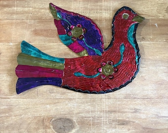 Vintage Metal Dove Bird Mexican Hand Painted Folk Art Multi Colored Tin Sign Wall Hanging  Rustic Primitive
