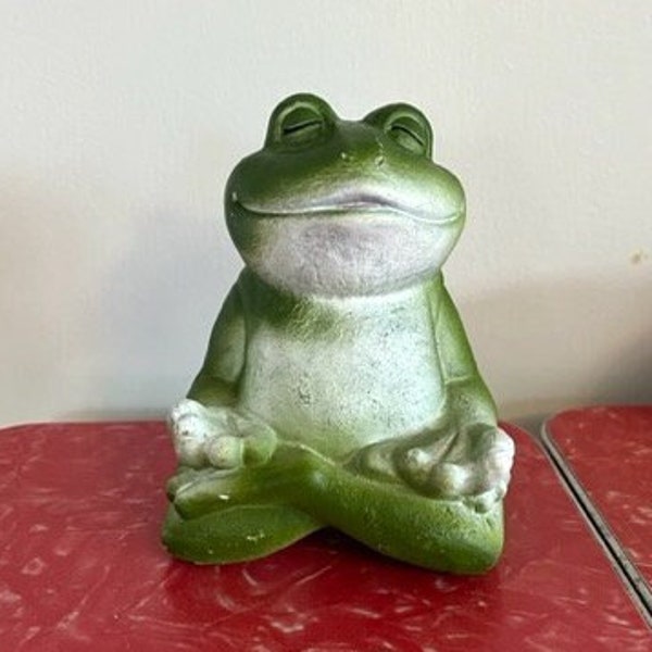 Vintage Cement Frog Sitting in Yoga Position Green Toad Meditating BOHO Figurine Garden House Statue