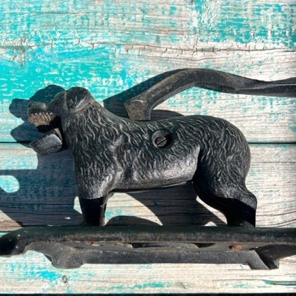 Vintage 40s Cast Iron Dog Nutcracker  Heavy Black Metal Nut Cracker Tail Opens Mouth For Use Dog Lover Accent Piece