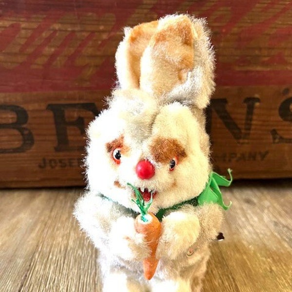 Vintage 60s Wind Up Furry Bunny Rabbit with Creepy Teeth Fangs Eats a Carrot Tin Litho Toy Tin Toy Collectable Made in Germany Easter