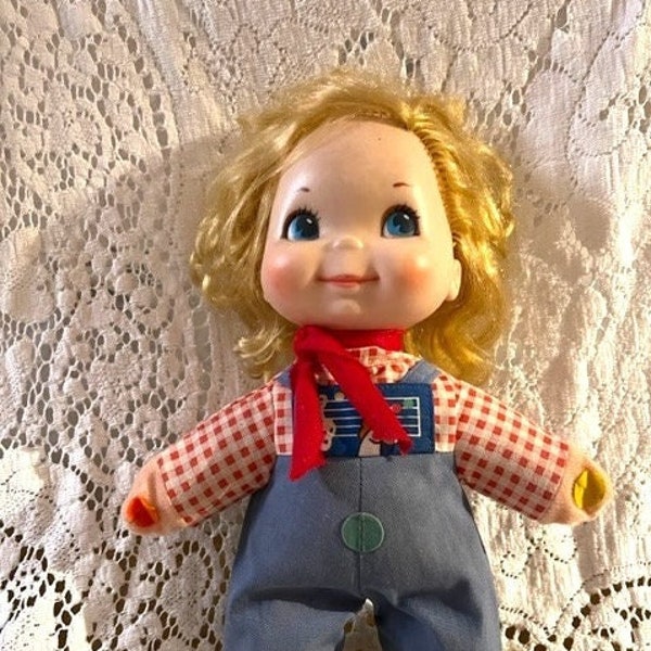 Vintage 70s Mattel Country Farm Girl Doll Squeaking Musical Noises Rubber Head Blue Overalls with Red Gingham Shirt Country Doll 1974