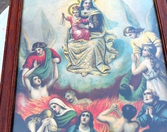 Litografía religiosa antigua de la década de 1900 con grabado antiguo de Nuestra Señora del Monte Carmelo, impresión pequeña, imagen enmarcada, primitiva "Saliendo del Purgatorio"