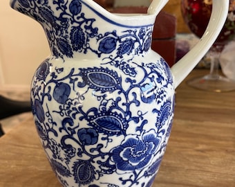 Vintage Antique Blue and White Flowered Pitcher Porcelain Roses, Peacock Feathers Meissen Pottery Farmhouse Milk Pitcher Excellent Condition