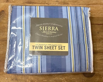 Vintage 90s Blue and White Striped Twin Sheet Set Mervyn's Sierra 100% Egyptian Cotton Linens NOS New Unopened