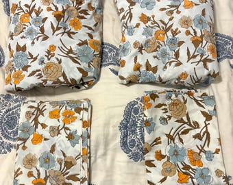 Vintage 70s Floral Orange, Brown, Blue Flowers Twin Size Set; Two Flat Sheets and Two Pillowcases Sears Perma-Prest Bed Sheets Vintage Linen