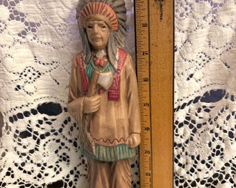 Vintage Ceramic Native American Indian Statue Hand Painted Western Figurine with Tomahawk and Headdress Excellent