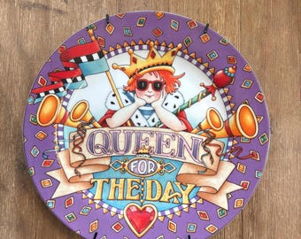 Vintage Mary Englebreit Queen for the Day Plate Collectable with Plate Hanger Girl with Crown and Sunglasses  Whimsical Fun EXCELLENT