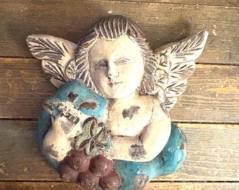 Vintage Hand Carved Wood Cherub Flatback Statue Wall Hanging Rustic Primitive Angel with Wings