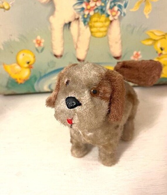 Vintage 50s Wind up Little Puppy Dog With Wagging Tail. Fuzzy Fur