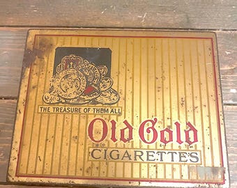 Vintage 50s Old Gold Cigarette Tin Box Gold and Red Metal Case Country Farmhouse Rustic Display Look