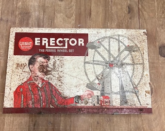 Juego de construcción Gilbert Erector vintage de los años 60 en caja metálica n.° 10073 “The Musical Ferris Wheel Set” Juguete de construcción rústico