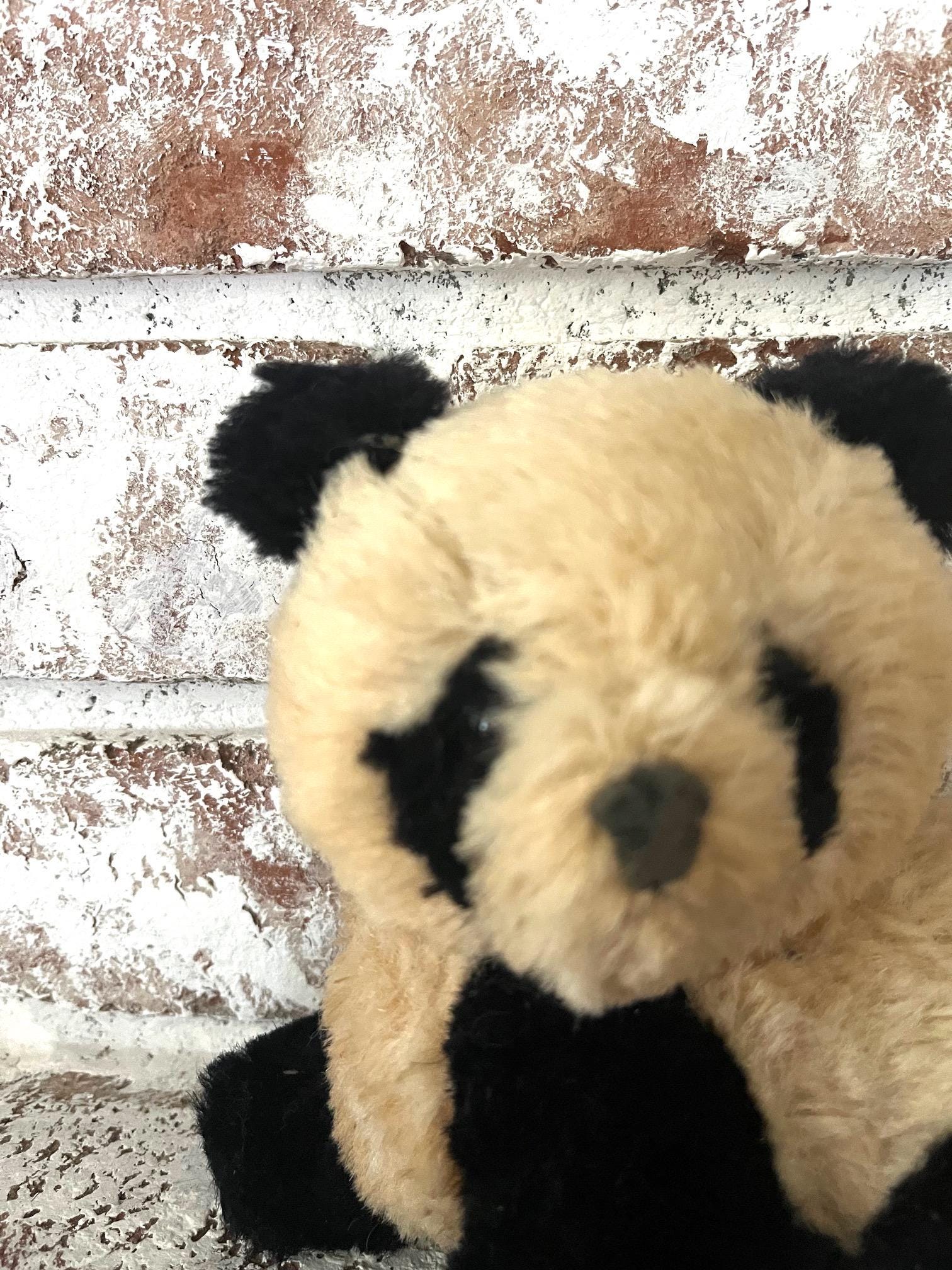 Vintage 60s Small Panda Bear Pure Wool Plush Stuffed Animal Black