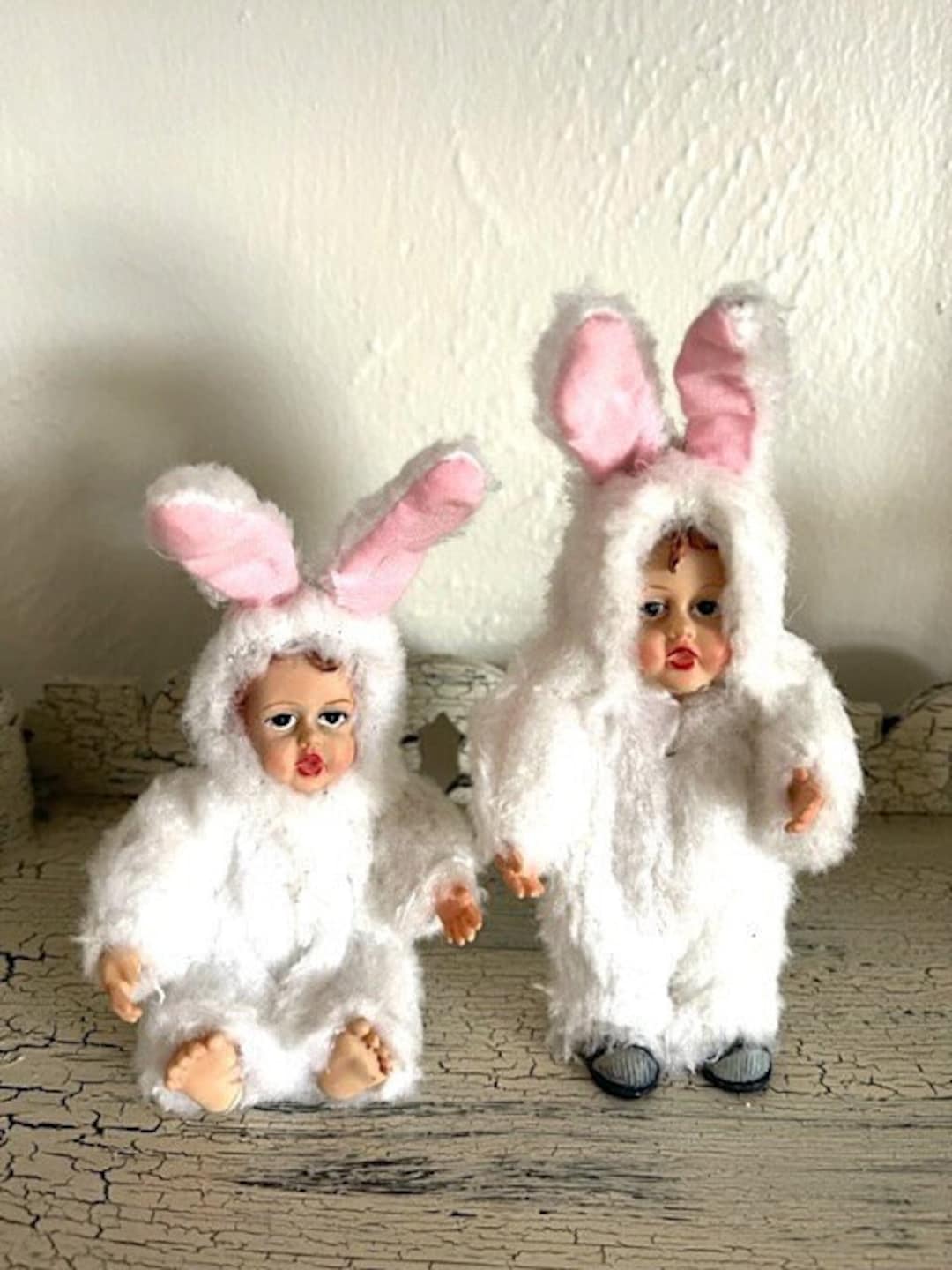 Vintage Pair of Bunny Dolls Ceramic Doll Faces in Fuzzy White Rabbit