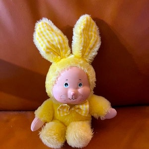 Vintage 80s Mattel Emotions Bunny Yellow Rabbit Plush Rubber Face Stuffed Animal Plush Toy Bunny Rabbit Easter Toy EXCELLENT Made in Korea