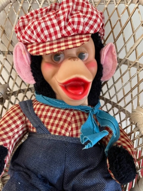 Vintage 70s Gund Monkey in Overalls and Plaid Shirt W Hat