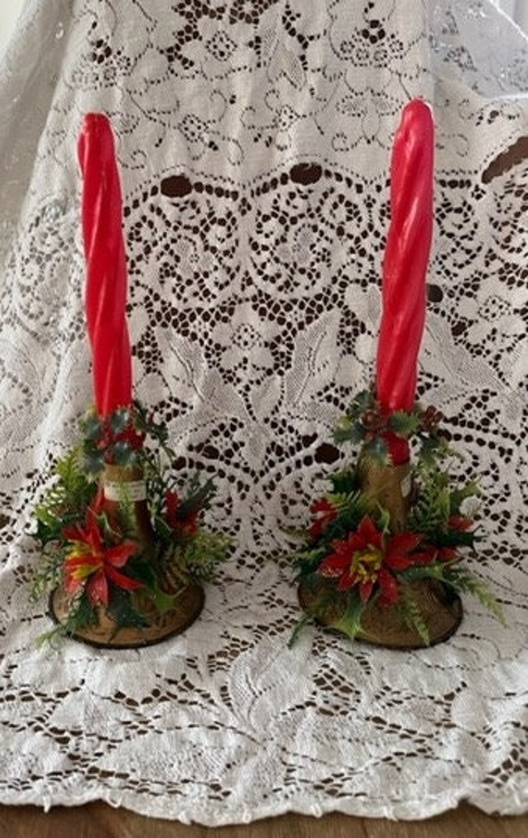 Vintage 70s Set of 2 Plastic Christmas Candles W/ Holly Poinsettia