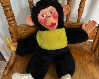 Vintage 60s Mr Bim Zip Zippy Monkey Chimpanzee w/ Banana Rubber Face Hands, 14" Plush Black and Yellow Animal Rushton Like